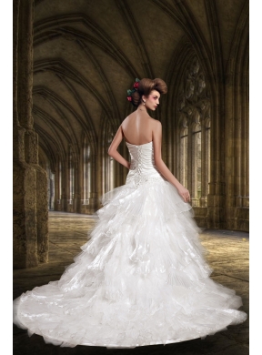 Decent A Line Strapless Appliques Wedding Dress with Chapel Train