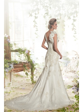 Elegant A Line V Neck Appliques Wedding Dresses with Chapel Train