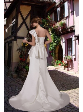 Inexpensive One Shoulder Beading Wedding Dress with Court Train