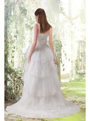 Lace Column Scoop Ruffled Layers Wedding Dresses with Brush Train