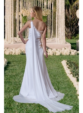 One Shoulder Side Zipper Beading Watteau Train Wedding Dress