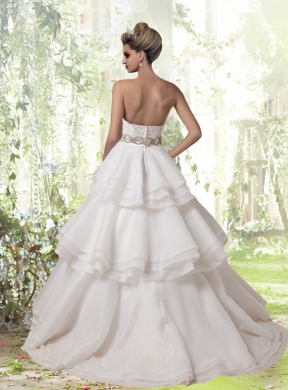 Romantic A Line Ruffled Layers and Beading Wedding Dresses with Strapless