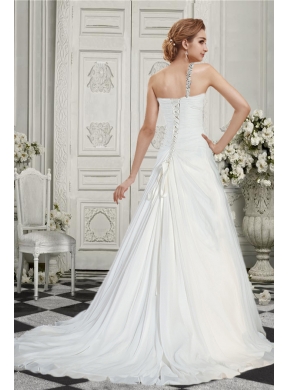 Simple A Line One Shoulder Court Train Wedding Dress  with Beading