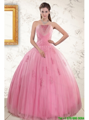 2015 Pretty Pink Quinceaneras Dresses with Appliques and Beading