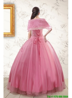 2015 Pretty Pink Quinceaneras Dresses with Appliques and Beading