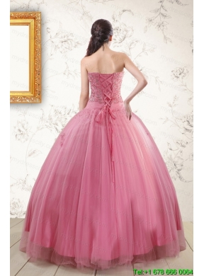 2015 Pretty Pink Quinceaneras Dresses with Appliques and Beading