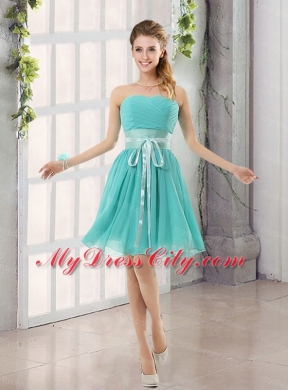 2015 A Line Ruching Lace Up Bridesmaid Dress in Aqua Blue