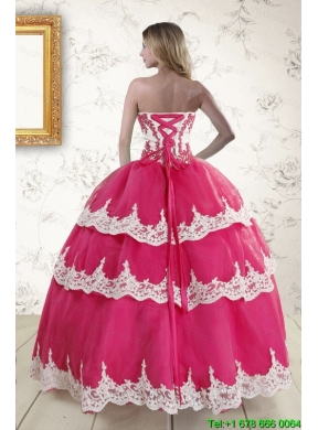 2015 Hot Pink Strapless Quinceanera Dresses with Appliques