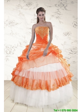 2015 Perfect Strapless Orange Quinceanera Dresses with Beading and Appliques