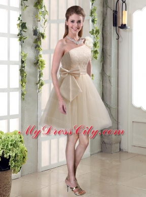 2015 Princess One Shoulder Bowknot Lace Bridesmaid Dresses in Champagne