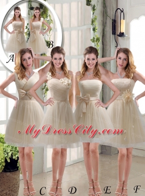 2015 Princess One Shoulder Bowknot Lace Bridesmaid Dresses in Champagne