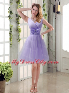 Beautiful Champagne Bowknot Princess Bridesmaid Dresses with V Neck