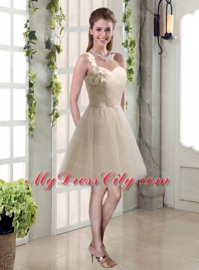 Champagne Ruched Handmade Flowers One Shoulder 2015 Bridesmaid Dresses