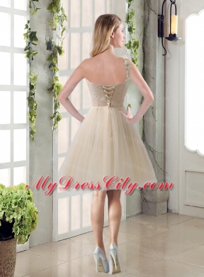 Champagne Ruched Handmade Flowers One Shoulder 2015 Bridesmaid Dresses