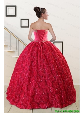 Customize Rolling Flower Beading 2015 Quinceanera Dresses in Coral Red