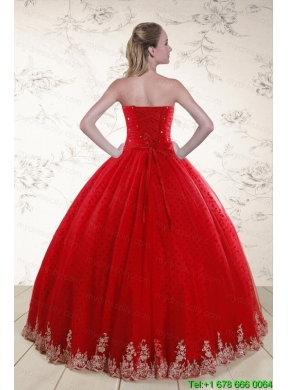 Elegant Red Strapless 2015 Quinceanera Dresses with Appliques