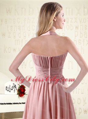 Halter Ruching and Handmade Flowers Empire Chiffon Bridesmaid Dresses