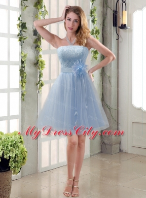 Handmade Flower Strapless Lace Bridesmaid Dress with Mini Length