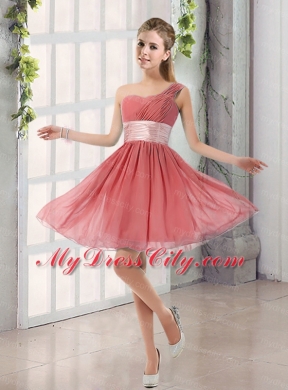 Natural One Shoulder A Line Ruching Lace Up Bridesmaid Dress