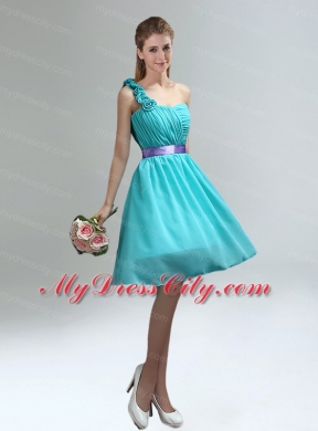 Unique One Shoulder Ruches Teal Bridesmaid Dresses with Belt