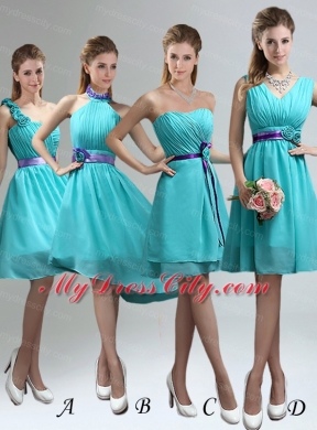 Unique One Shoulder Ruches Teal Bridesmaid Dresses with Belt