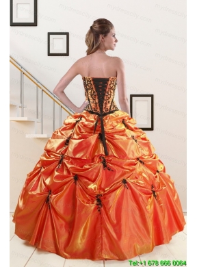 2015 Cheap Orange Red and Black Quinceanera Dresses with Appliques