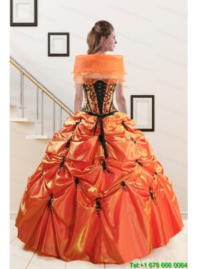 2015 Cheap Orange Red and Black Quinceanera Dresses with Appliques