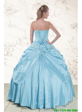 2015 Discount Aqua Blue Strapless Sweet 15 Dress with Appliques