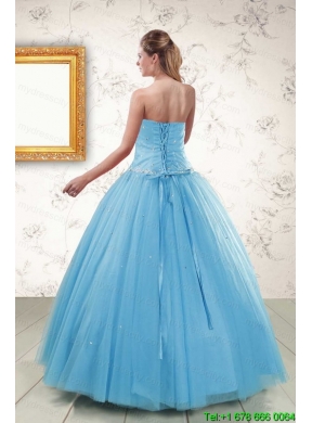 2015 New Style Strapless Beaded Quinceanera Dresses in Aqua Blue