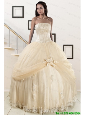 Elegant Appliques 2015 Champagne Quinceanera Dress with Wraps