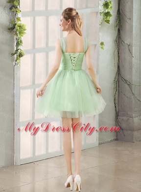 Ruching Organza A Line Straps Bridesmaid Dress with Lace Up