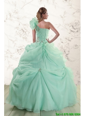 2015 Apple Green One Shoulder Cheap Quinceanera Dresses with Appliques