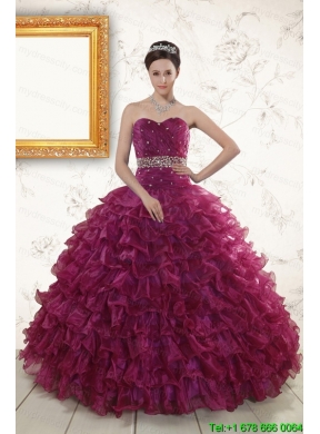 2015 Burgundy Quinceanera Gown with Beading and Ruffles