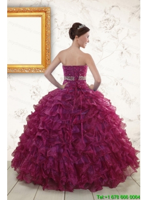 2015 Burgundy Quinceanera Gown with Beading and Ruffles