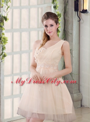 2015 Champagne One Shoulder A Line Appliques Bridesmaid Dress