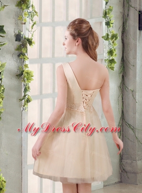 2015 Champagne One Shoulder A Line Appliques Bridesmaid Dress