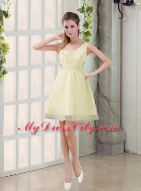 2015 Champagne One Shoulder A Line Appliques Bridesmaid Dress