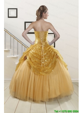 2015 Most Popular Sweetheart Sequined Quinceanera Dresses in Gold