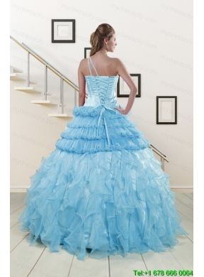 2015 Pretty Baby Blue Sweet 15 Dresses with Beading