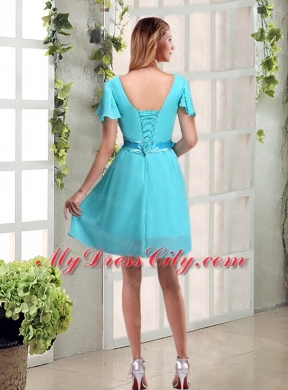 A Line Ruching and Belt V Neck Bridesmaid Dress with Cap Sleeves