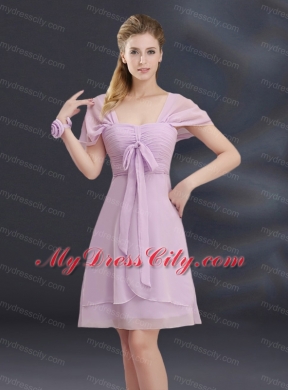 A Line Square Ruhing Bridesmaid Dress with Cap Sleeves