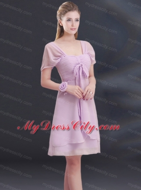 A Line Square Ruhing Bridesmaid Dress with Cap Sleeves