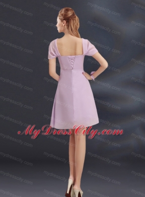 A Line Square Ruhing Bridesmaid Dress with Cap Sleeves