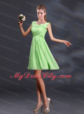 Bateau A Line Bridesmaid Dresses with Appliques and Ruching