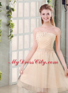 Champagne A Line Strapless Appliques Bridesmaid Dress