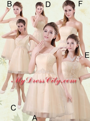 Champagne A Line Strapless Appliques Bridesmaid Dress