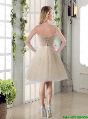 Champagne Ruched Handmade Flowers One Shoulder 2015 Mothr of The Bride  Dresses