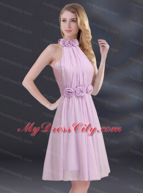 Halter A Line Bridesmaid Dress with Ruhing and Hand Made Flowers