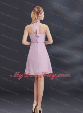 Halter A Line Bridesmaid Dress with Ruhing and Hand Made Flowers