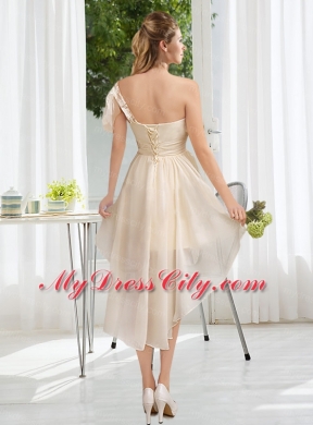 Lace High Low Short Sleeves Bridesmaid Dress with One Shoulder